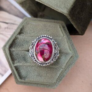 Vintage Sterling Silver Ring with Pink Rose Dahlia Turquoise Inlay, Size 10